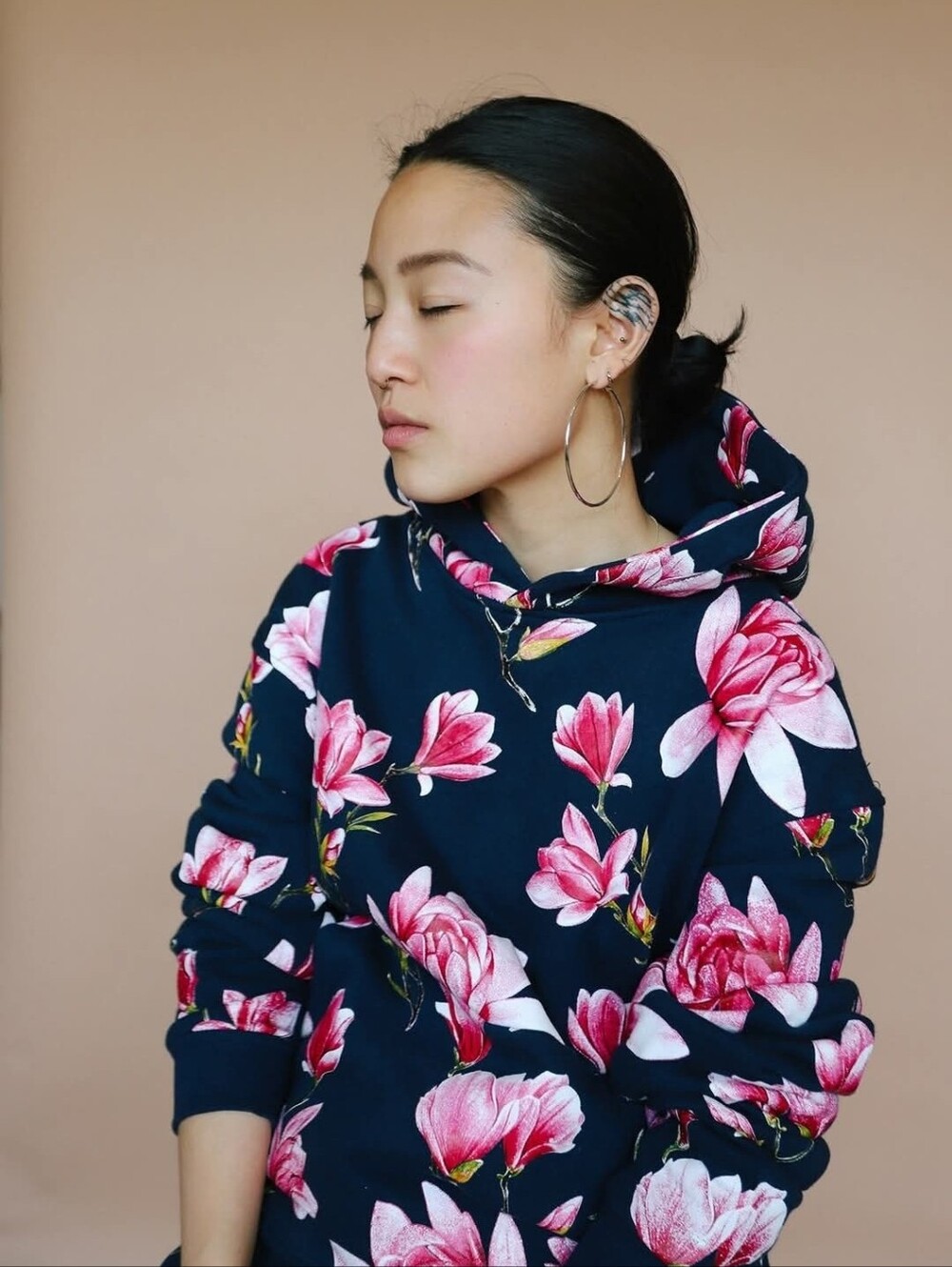 Navy  Floral Magnolia Pullover Hoodie with Pink Blooms